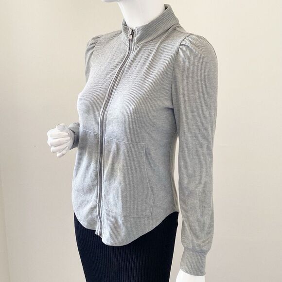 Chaser Brand Gray Thermal Waffle Knit Zip-up Puff Sleeve Sweatshirt Revolve - Picture 3 of 7